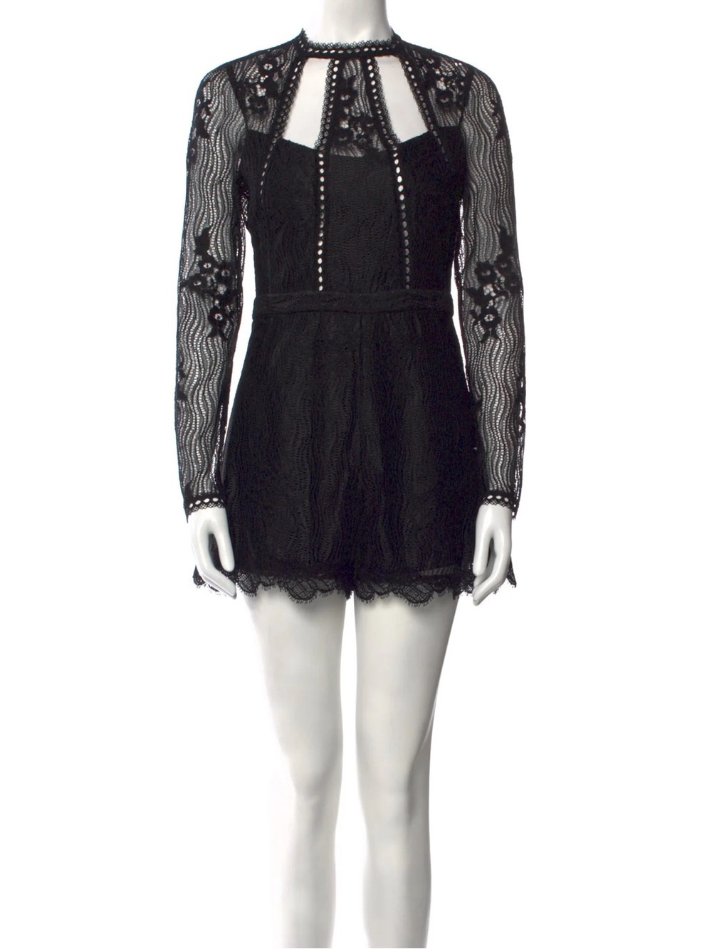 Alexie Black Crochet Lace Romper with Sheer Sleeve Accents